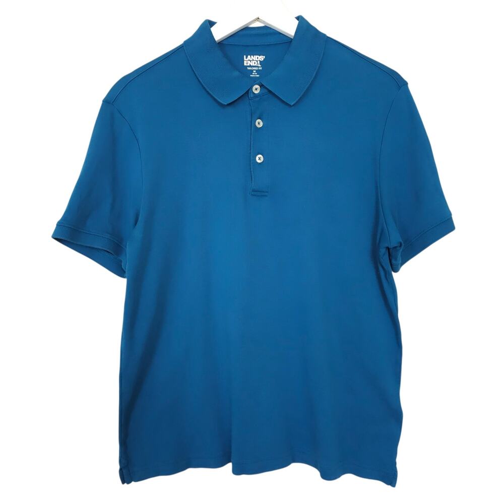 Lands End Polo Shirt Mens Medium Teal Blue Tailored Fit Short Sleeve Cotton